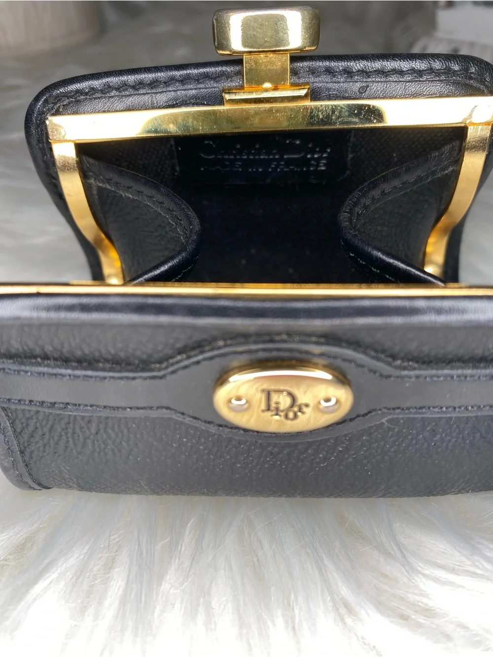 Dior Black Leather Coin Purse with Gold-Tone Logo Vintage beauty!